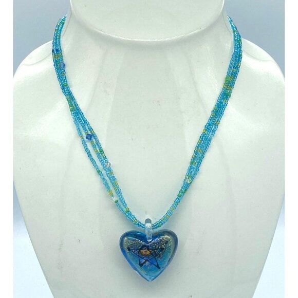Glass Blown Blue Heart with Gold Star Art Multi-strand Beaded Glass Necklace - Picture 3 of 12